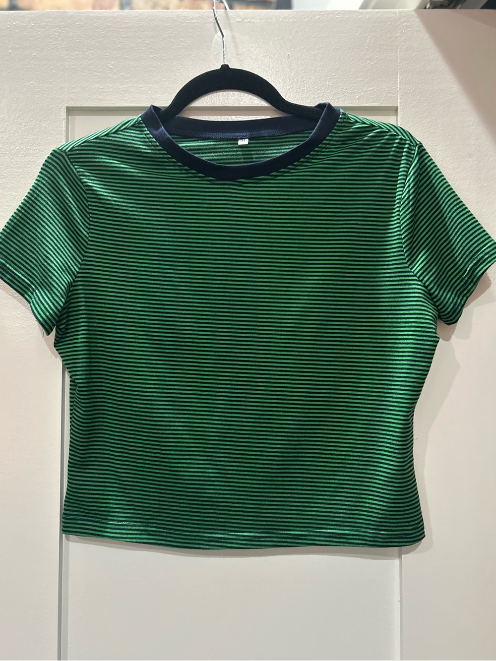 Striped Green and Navy Cropped Crewneck Tee